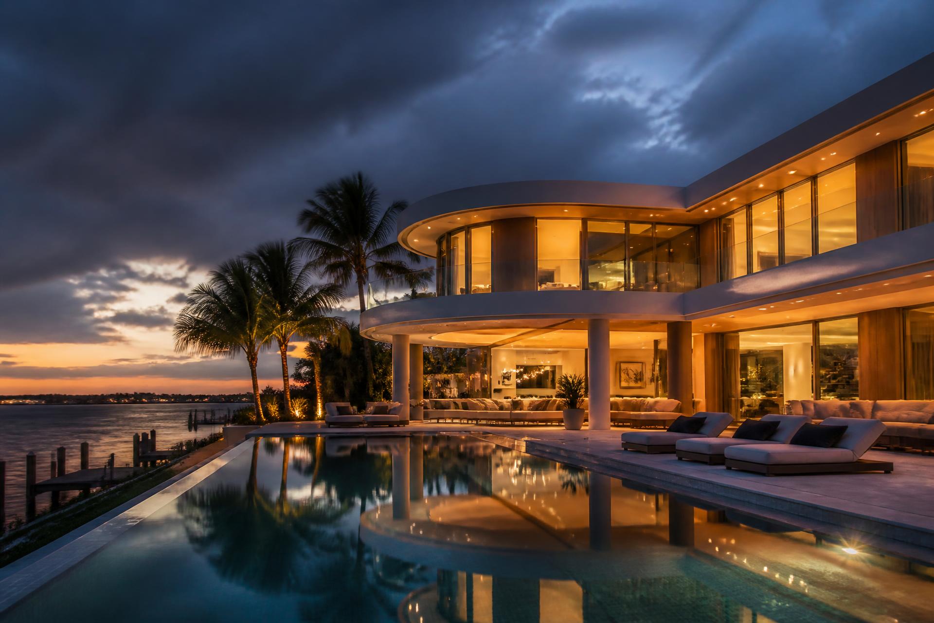 Modern South Florida waterfront estate glowing at twilight beside a reflecting pool